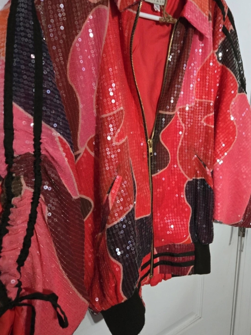Statement Pink Sequin Bomber Jacket by Sitara